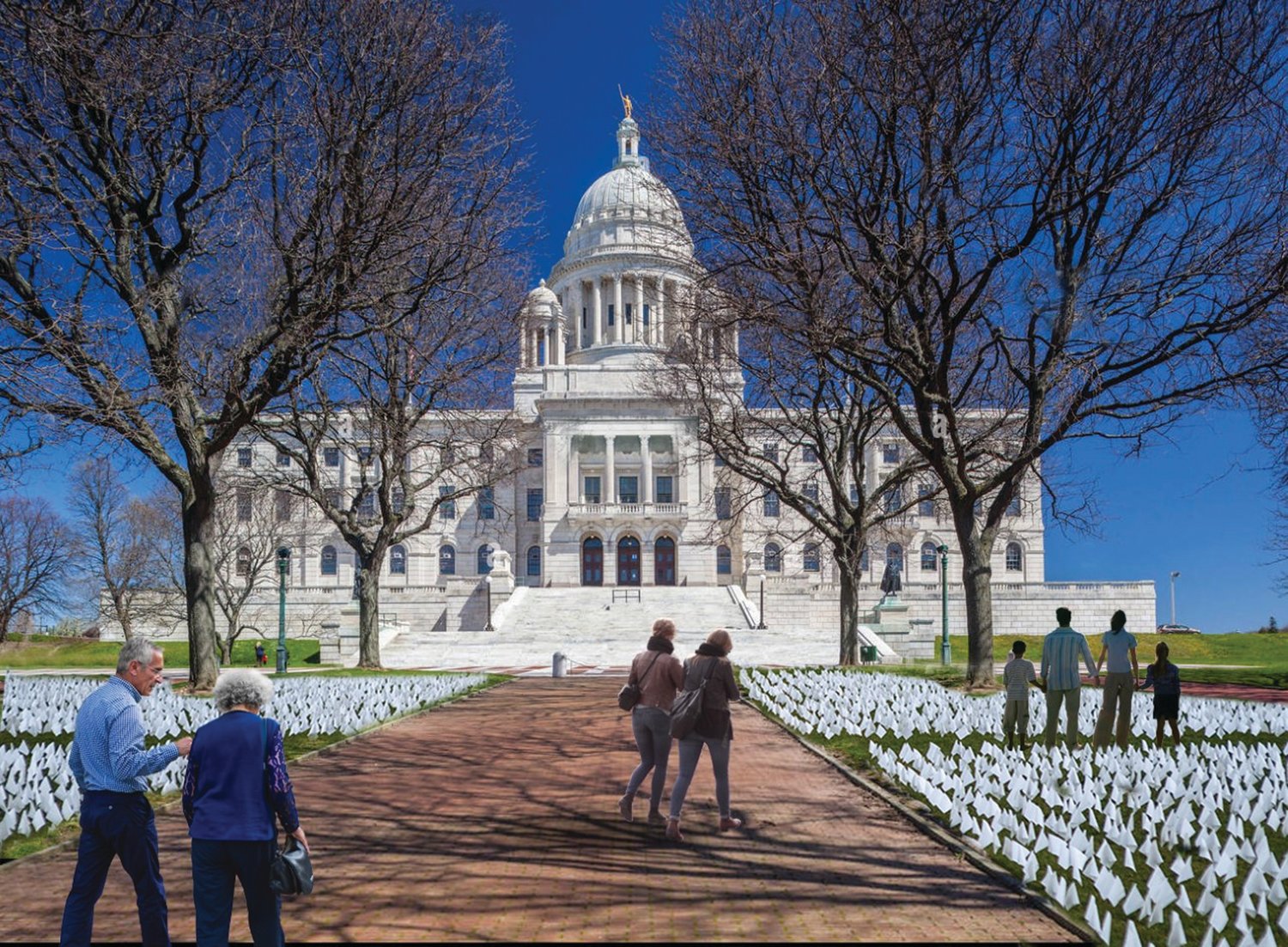 MEMORIAL VISION: The “Rhode Island Remembers COVID-19 Memorial” will be installed on the Rhode Island State House south lawn at the end of this month. This graphic representation shows what the memorial  will likely look like — with almost 4,000 flags (as of last Friday, 3,584 Rhode Islanders have died from COVID-19 infections) one for every COVID-19 death in Rhode Island.